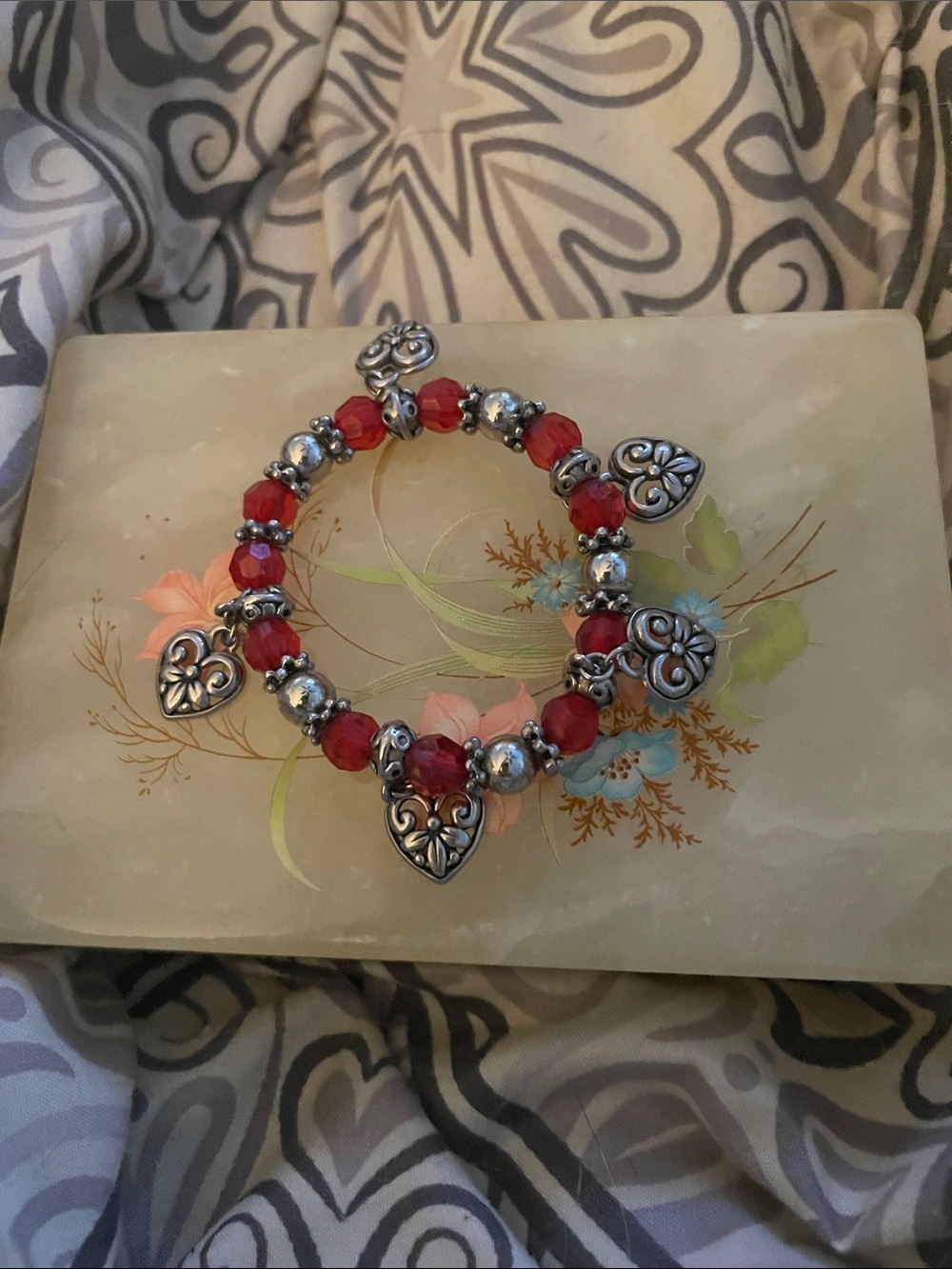 Red Bead & Silver Heart Charm Bracelet - Women Jewelry